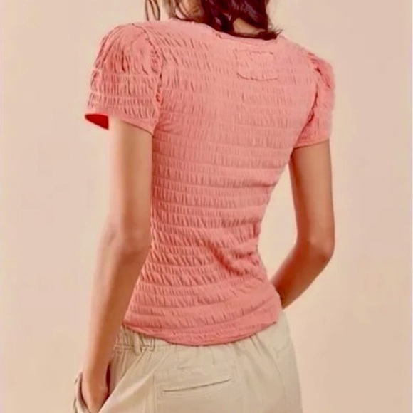 Free People Sugar Cube Womens Tee Shirt coral pink size xsmall smocked - Picture 4 of 8